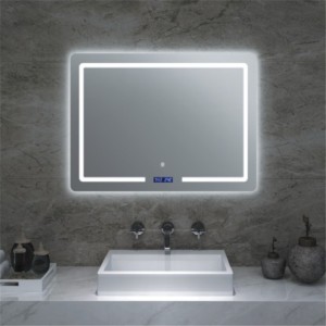 Фабрички најпродавани во Кина LED осветлено огледало за одмаглување за бања со сензорски прекинувач со дигитален часовник